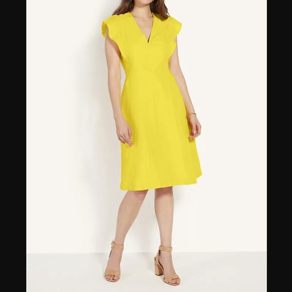 Ann Taylor Dresses & Skirts - Ann Taylor Yellow V Neck Ruffle Sleeve Linen Lyocell Flare Dress size 2 Preppy